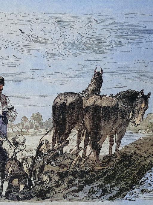 Eine Zeichnung. Ein kleiner Junge steht hinter zwei Pferden, die vor einen Pflug gespannt sind. Neben dem Jungen steht der Bauer.