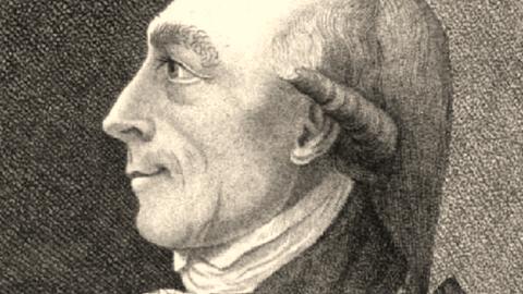 Eine Zeichnung eines Mannes im Profil mit Zopf und Rüschenhemd