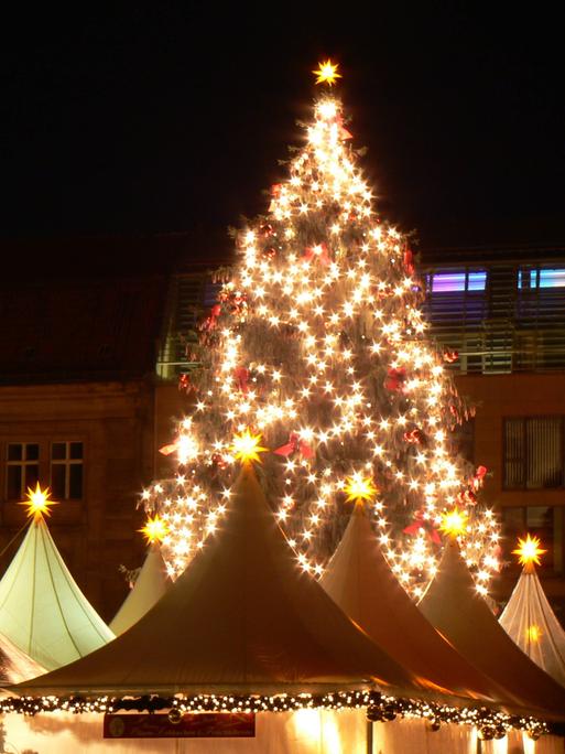 Beleuchteter Weihnachtsbaum auf dem Weihnachtsmarkt am Kölner Dom. 