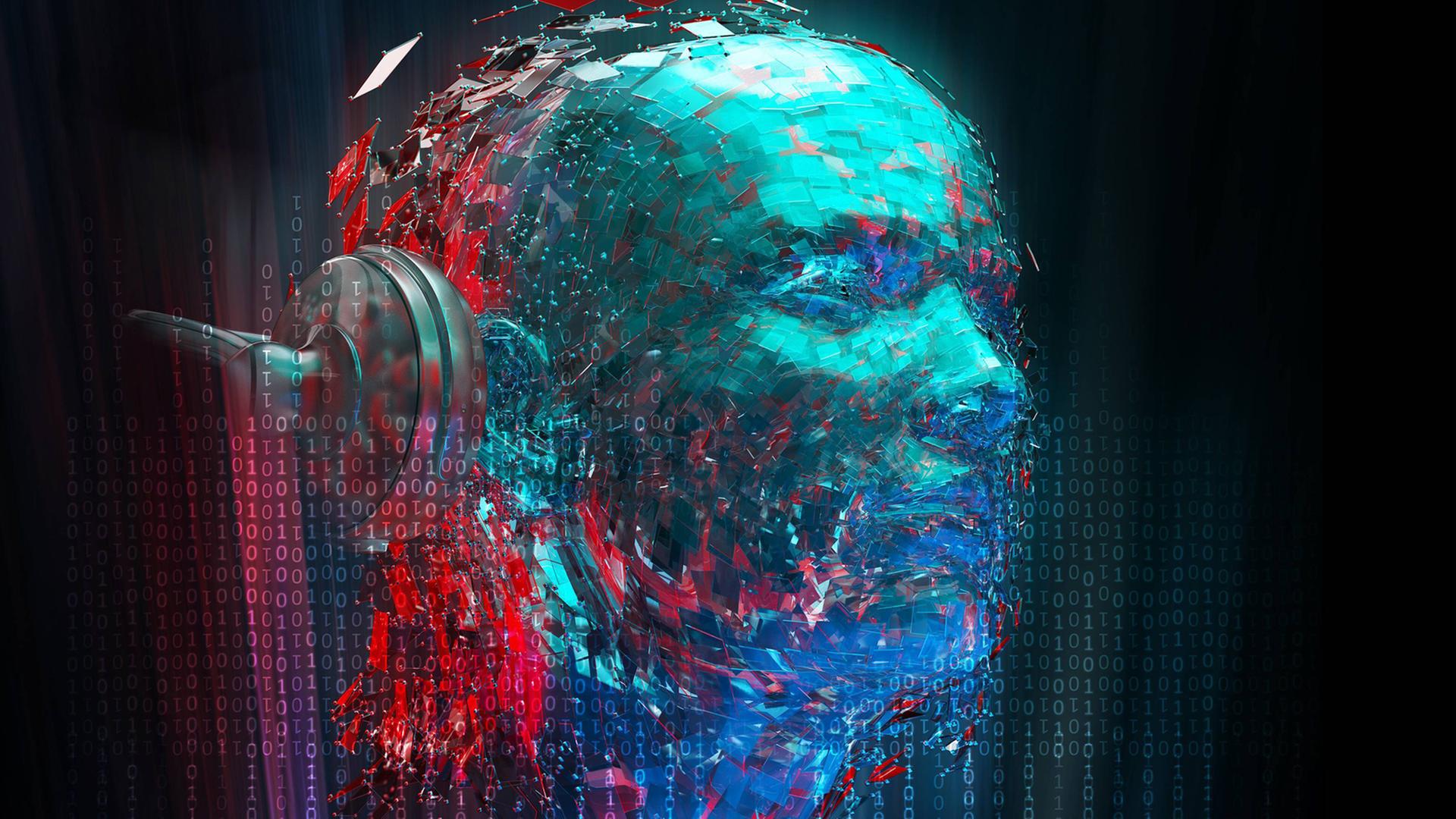 Ein in blauer Farbe nachgebildeter männlicher Kopf mit einem Kopfhörer, schaut verträumt mit geschlossenen Augen.