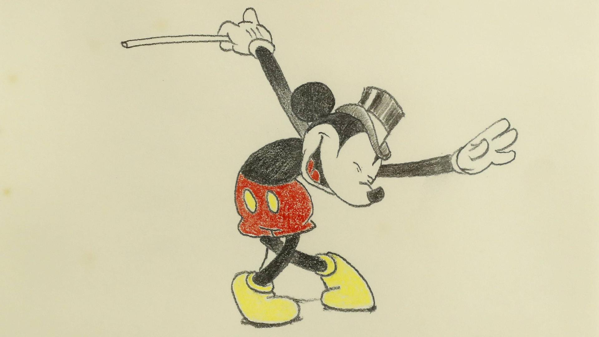 Mickey Mouse verbeugt sich samt Hut und Stock mit überkreuzten Beinen, 1988 von Carl Barks gemalt.
