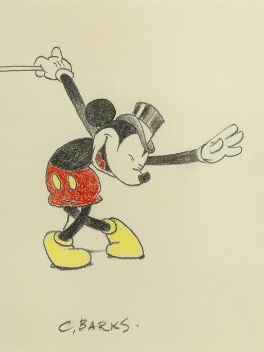 Mickey Mouse verbeugt sich samt Hut und Stock mit überkreuzten Beinen, 1988 von Carl Barks gemalt.