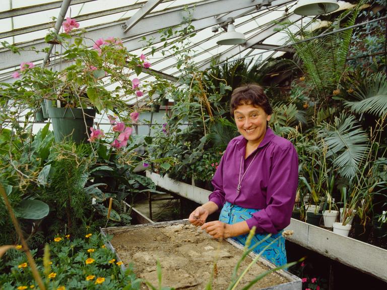 Die amerikanische Biologin Lynn Margulis in einer lila Bluse, steht in mitten von grünen Pflanzen in einem Gewächshaus.
