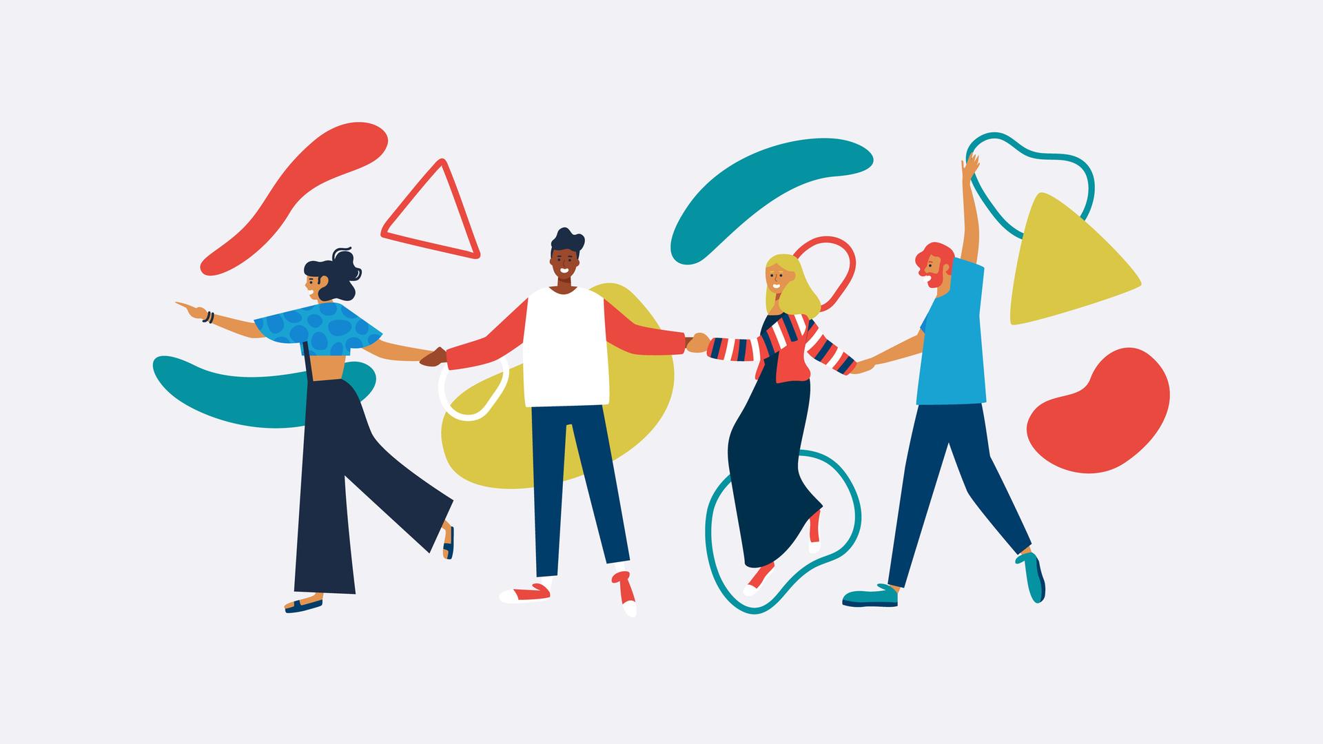 Illustration von fröhlichen Jugendlichen, die vor abstrakten Formen sich an den Händen fassen und ausgelassen sind Illustration von fröhlichen Jugendlichen, die vor abstrakten Formen sich an den Händen fassen und ausgelassen sind
