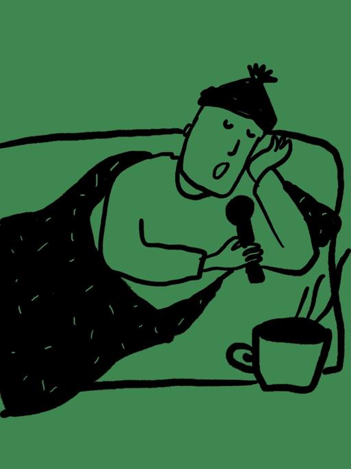 Skizze einer Person mit Mütze, die auf einem Sofa oder Bett unter einer Decke liegt, in der Hand ein Mikrofon und eine Tasse mit einem heißen Getränk neben sich Skizze einer Person mit Mütze, die auf einem Sofa oder Bett unter einer Decke liegt, in der Hand ein Mikrofon und eine Tasse mit einem heißen Getränk neben sich