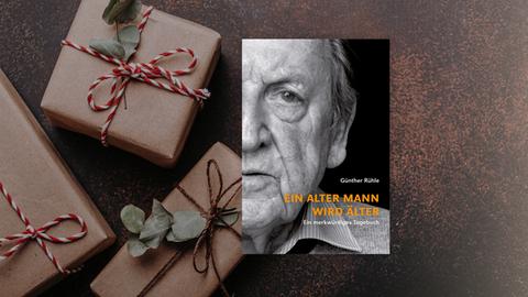 Buchcover von "Ein alter Mann wird älter" von Günther Rühle. Im Hintergrund braune Päckchen mit rot-weißen Schleifen.