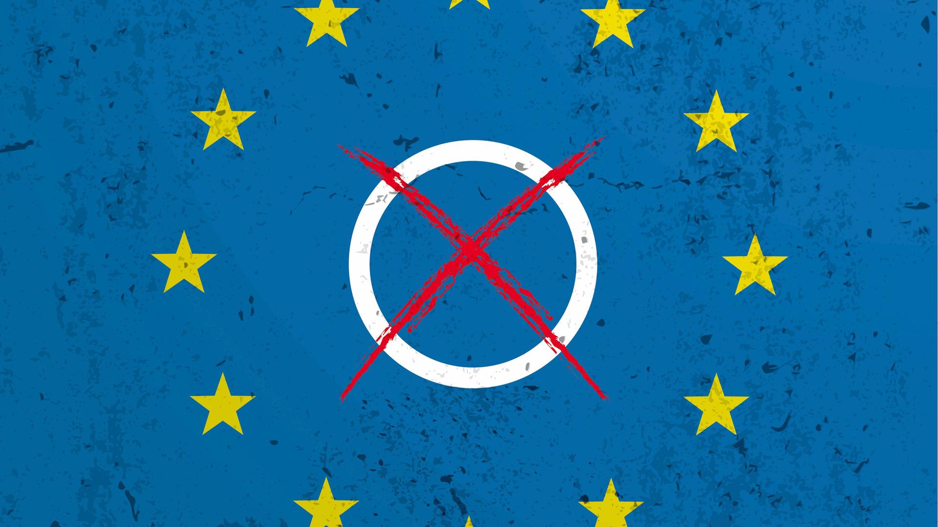 Illustration einer EU-Flagge, in deren Sternenkreis ein rotes Wahlkreuz prangt.