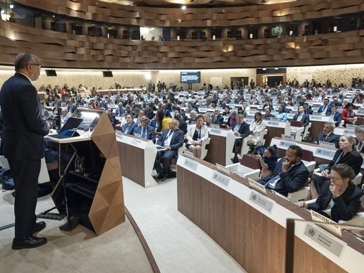 Tedros Adhanom Ghebreyesus (l), Generaldirektor der Weltgesundheitsorganisation (WHO), gibt seine Erklärung während der Eröffnung der 78. Weltgesundheitsversammlung (WHA78) am europäischen Hauptsitz der Vereinten Nationen. 