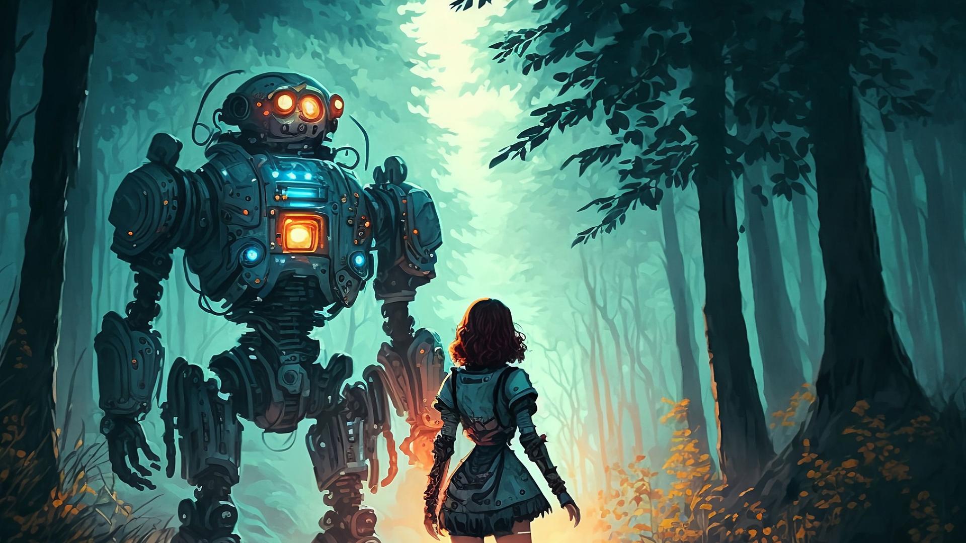 Ein von einer künstlichen Intelligenz generiertes Bild eines Mädchens und eines Roboters im Wald.