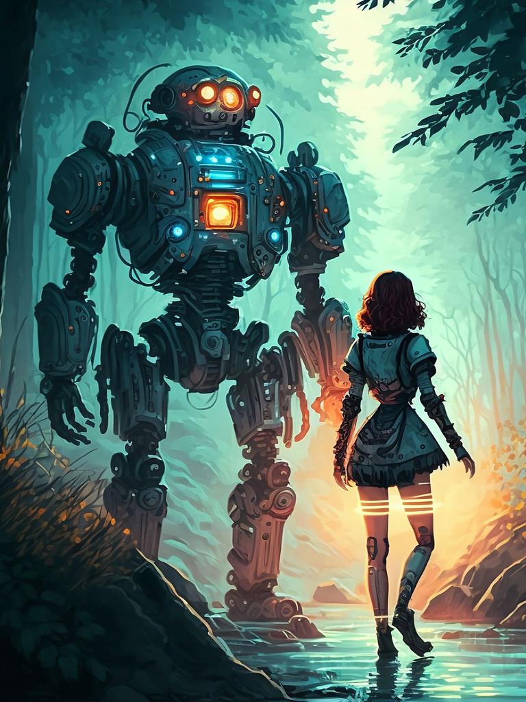 Ein von einer künstlichen Intelligenz generiertes Bild eines Mädchens und eines Roboters im Wald.