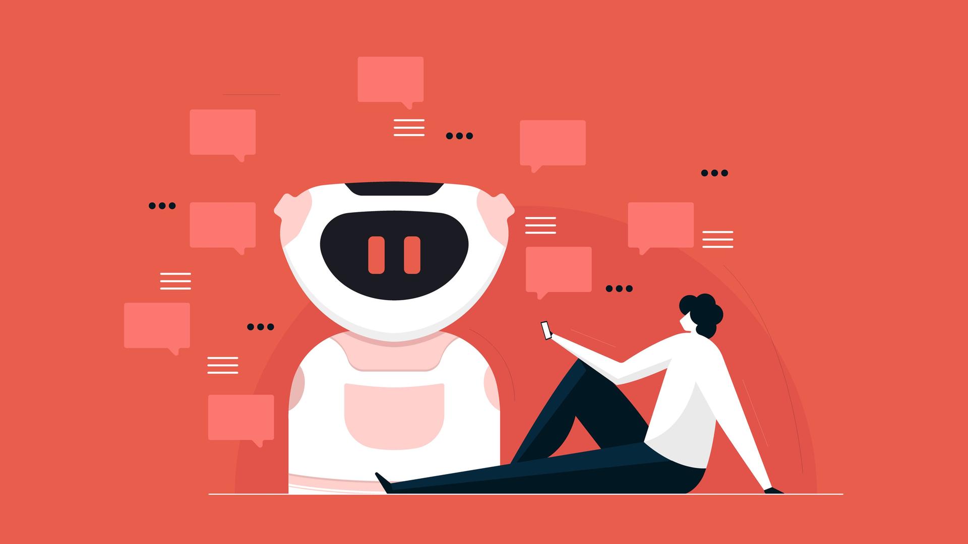Illustration: Ein Mensch mit Smartphone in der Hand chattet mit einem KI Roboter.