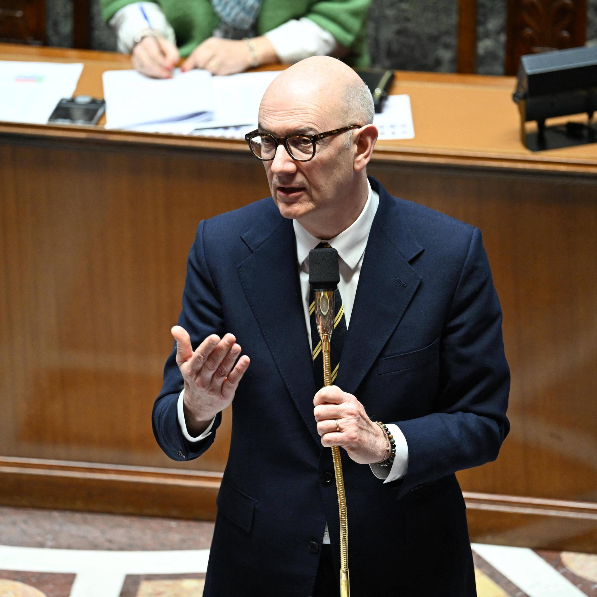 Frankreichs Finanzminister Roland Lescure spricht in ein Mikrofon.