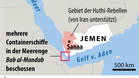 Die Karte zeigt den Golf von Aden, das Rote Meeer, den Jemen und ain einem roten Kästchen den Ort der Angriffe: Die Meeresenge Bab al-Mandab.