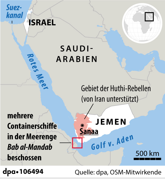 Die Karte zeigt den Golf von Aden, das Rote Meeer, den Jemen und ain einem roten Kästchen den Ort der Angriffe: Die Meeresenge Bab al-Mandab.