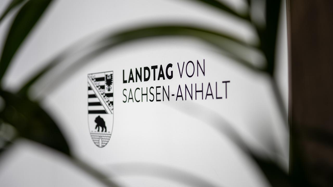 Das Logo des Landtags von Sachsen-Anhalt ist auf einem Schild zu sehen. Unscharfe Blätter im Vordergrund verdecken das Schild teilweise und bilden einen Rahmen um die Aufnahme. (Symbolbild)