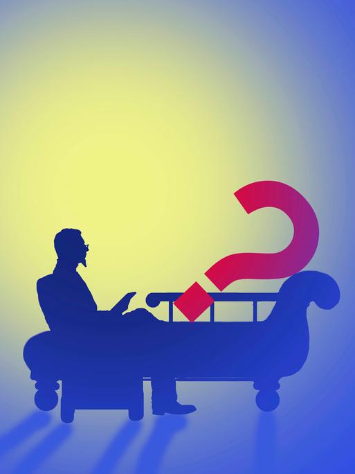 Illustration: Ein Psychiater mit rotem Fragezeichen auf der Couch.