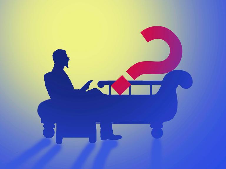 Illustration: Ein Psychiater mit rotem Fragezeichen auf der Couch.