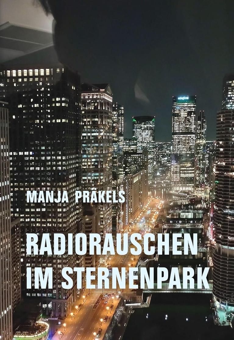 Das Buchcover von Manja Praekels "Radiorauschen im Sternenpark" zeigt einen nächtlichen Blick auf eine beleuchtete Hochhausstadt.