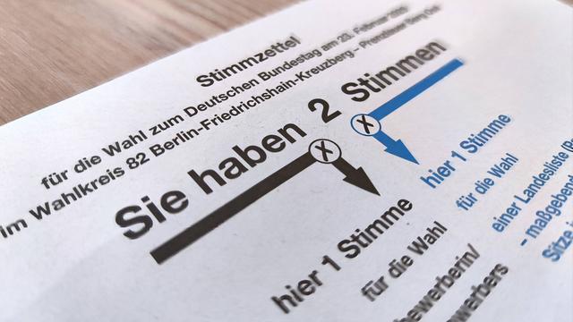 Auf einem Tisch liegt der Wahlzettel zur Bundestagswahl 2025