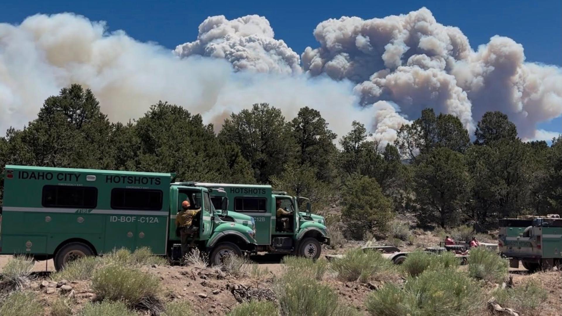 Große Pyrocumulonimbus Wolken steigen in Utah, USA, in der Entfernung über einem Wald auf. Im Vordergrund sind grüne Feuerwehrautos und mehrere Feuerwehrleute zu sehen. Große Pyrocumulonimbus Wolken steigen in Utah, USA, in der Entfernung über einem Wald auf. Im Vordergrund sind grüne Feuerwehrautos und mehrere Feuerwehrleute zu sehen.