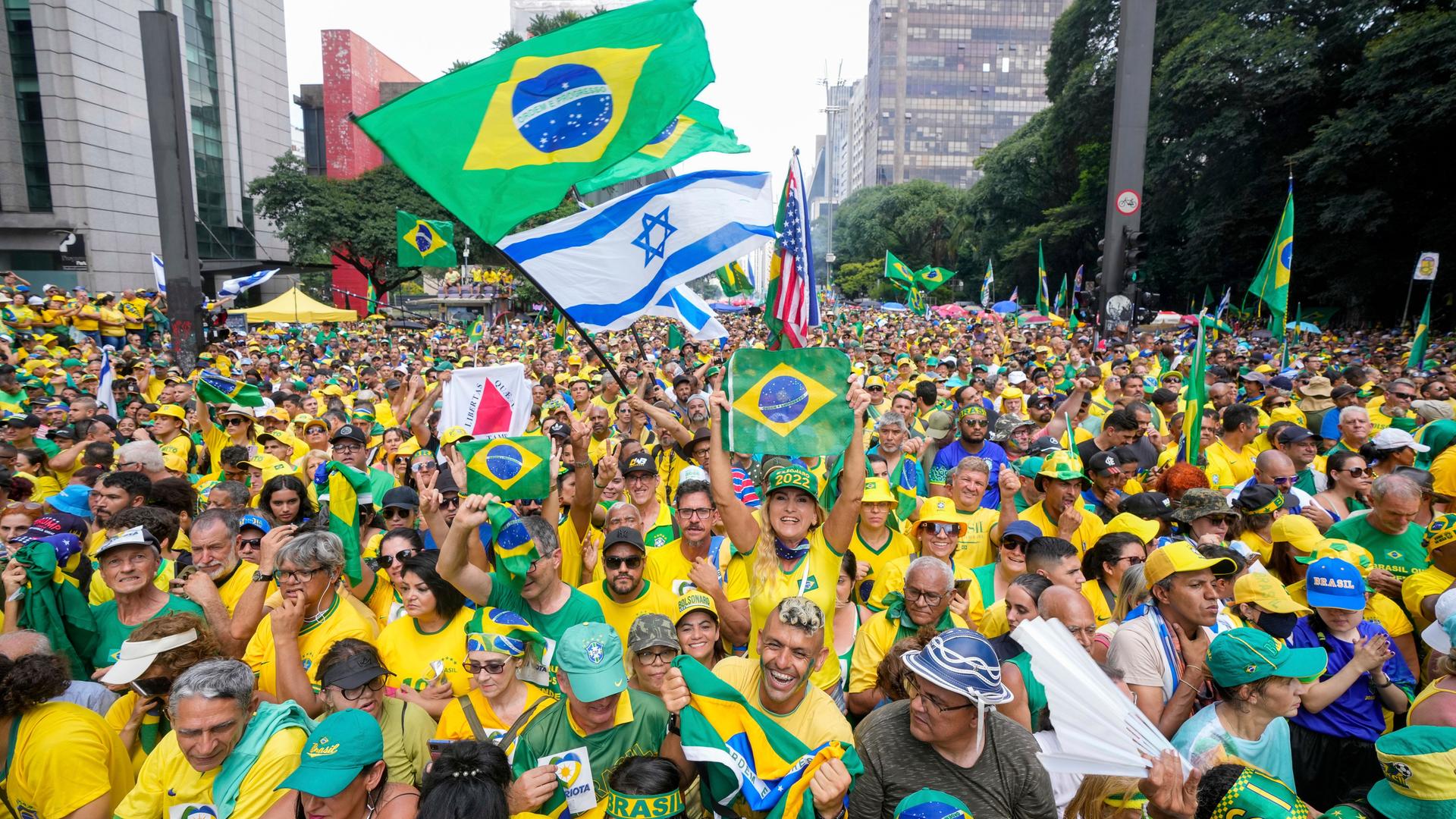 Unterstützer des ehemaligen brasilianischen Präsidenten Jair Bolsonaro auf einer Solidaritätskundgebung Unterstützer des ehemaligen brasilianischen Präsidenten Jair Bolsonaro auf einer Solidaritätskundgebung