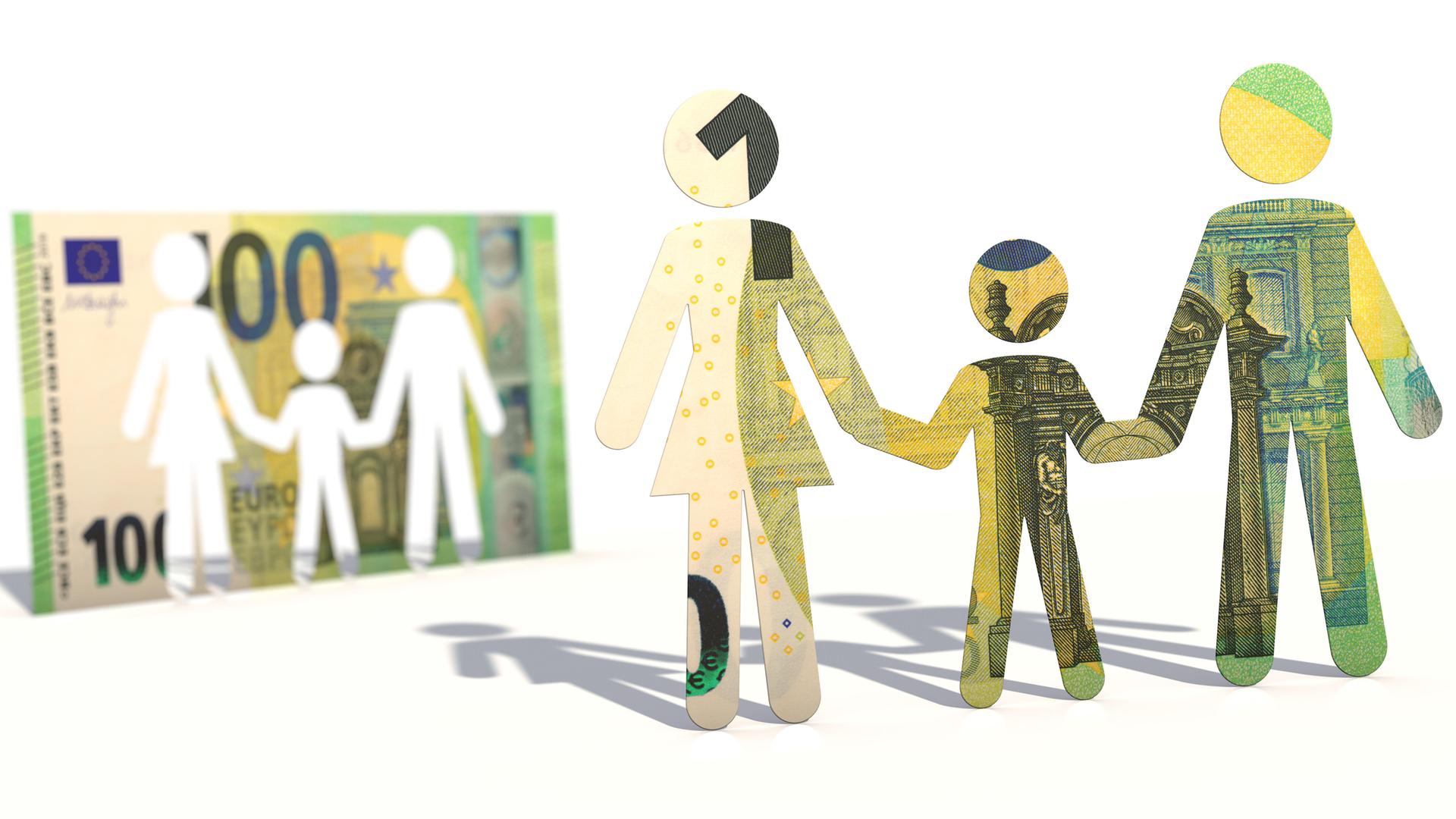Illustration: Eine stilisierte Familie steht neben einem Geldschein.
