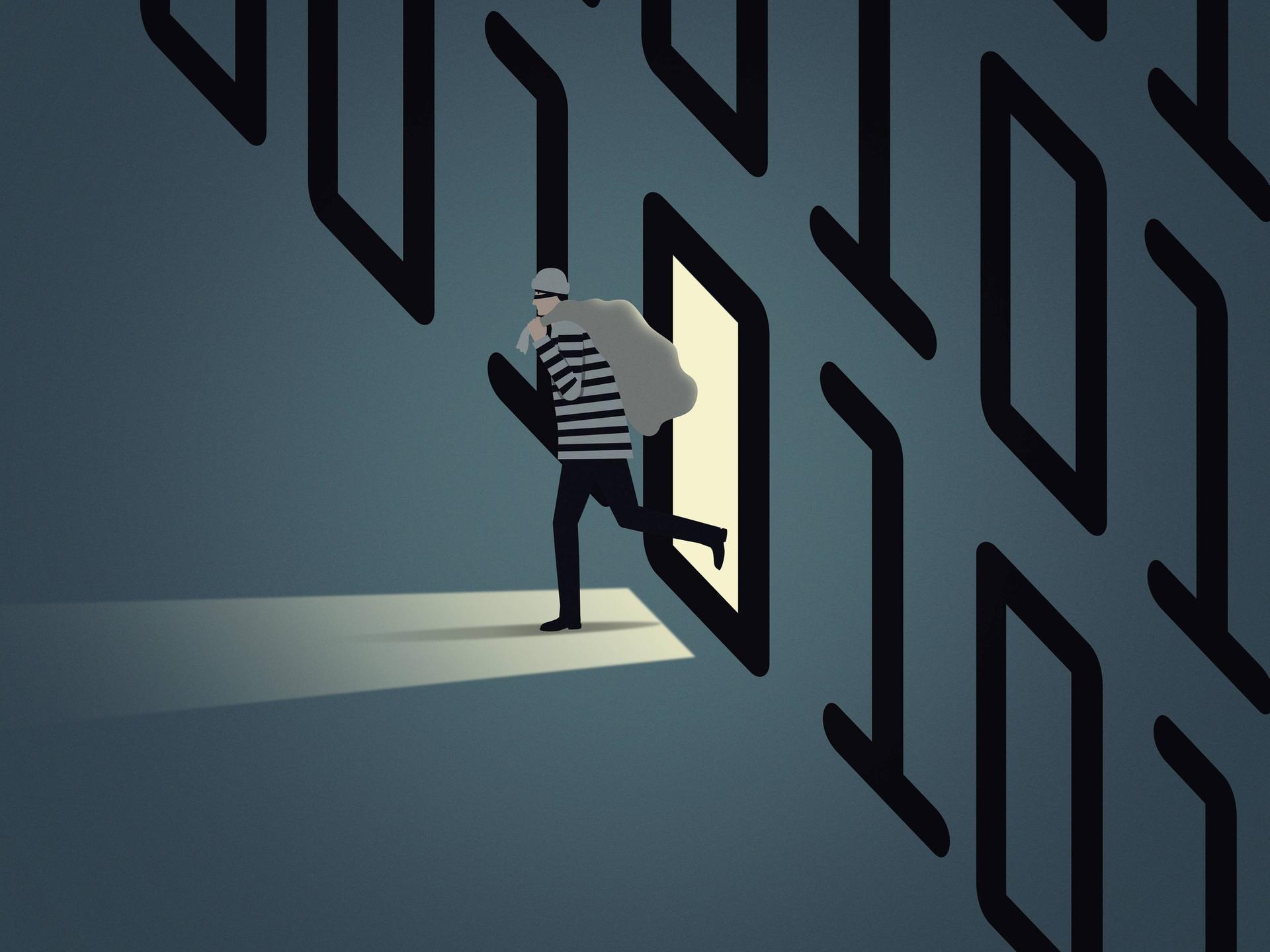 Ein Einbrecher verschwindet mit seiner Beute aus der Tür.