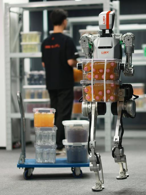 Ein humanoider Roboter trägt in einer Halle schwere Kisten