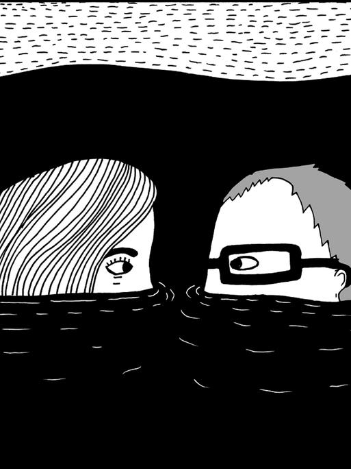 Illustration aus der Graphic Novel von Liv Strömquist: Seitenansicht zweier Personen, die bis über die Nase im Wasser sind, die Gesichter einander zugewandt, nah beieinander.