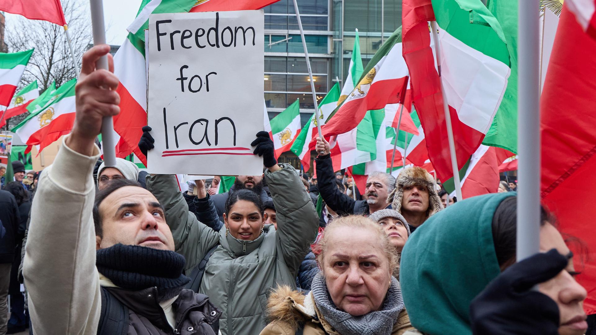 Menschen demonstrieren in Hamburg. Sie schwenken iranische Nationalflaggen. Auf einem Transparent steht "Freiheit für Iran".
