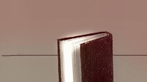 Illustration eines Buches, das von Stacheldraht abgesperrt ist. Darum ringen sich Menschen.