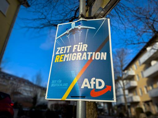 Ein Wahlplakat der AfD aus dem Bundestagswahlkampf zeigt ein Flugzeug, darunter den Schriftzug "Zeit für Remigration. Zeit für Deutschland".