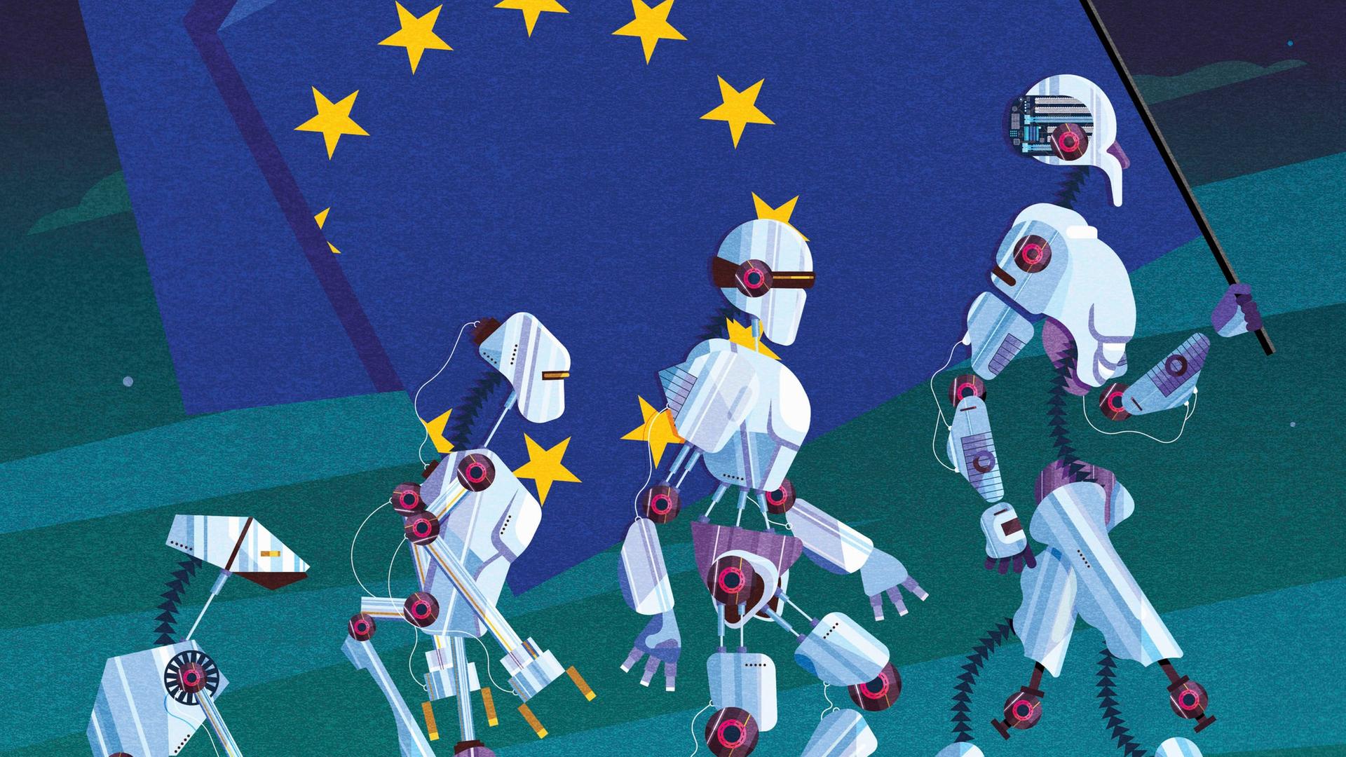 Illustration zeigt vier Roboter in ihrer Evolution. Dabei tragen sie die Flagge der Europäischen Union.