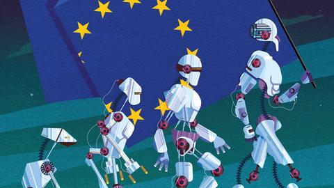 Illustration zeigt vier Roboter in ihrer Evolution. Dabei tragen sie die Flagge der Europäischen Union.