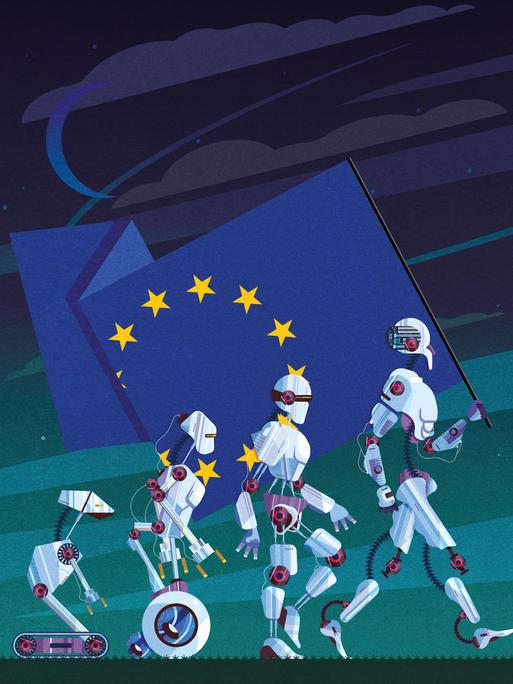 Illustration zeigt vier Roboter in ihrer Evolution. Dabei tragen sie die Flagge der Europäischen Union.