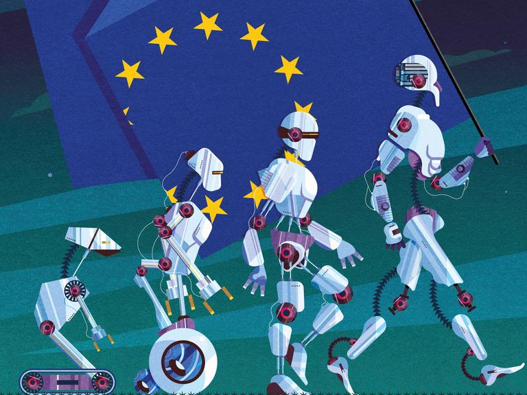 Illustration zeigt vier Roboter in ihrer Evolution. Dabei tragen sie die Flagge der Europäischen Union.