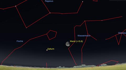 Der Mond aus dem Kernschatten der Erde aus - dicht neben ihm strahlt der Ringplanet Saturn.