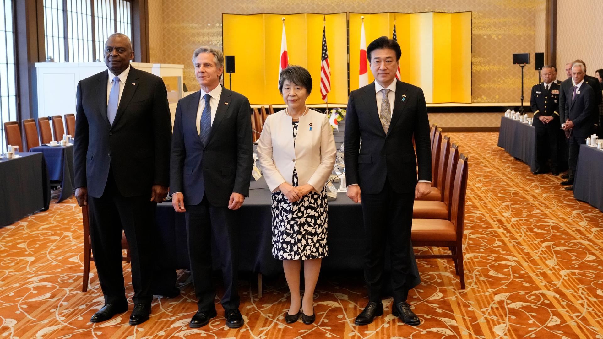 U.S. Defense Secretary Lloyd Austin, from left, Secretary of State Antony Blinken, Japanese Foreign Minister Yoko Kamikawa and Defense Minister Minoru Kihara pose for the Japan-U.S. Security Consultative Committee, at the Foreign Ministry's Iikura guesthouse in Tokyo, Sunday, July 28, 2024. (AP Photo/Hiro Komae)