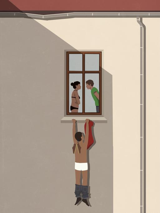 Illustration einer Person, die in Unterhosen an der Aussenseite eines Fensters hängt. Im Zimmer hinter dem Fenster steht eine Frau in Unterwäsche, die mit einem bekleideten Mann streitet.