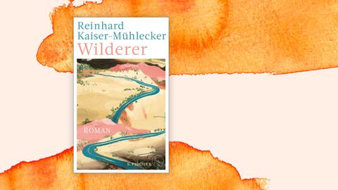 Das Buchcover von Reinhard Kaiser-Mühleckers Roman "Wilderer" zeigt eine blaue Straße, die sich durch eine hügelige Landschaft windet, hier eingebettet in ein Aquarell mit abstrakten orangen Flächen.