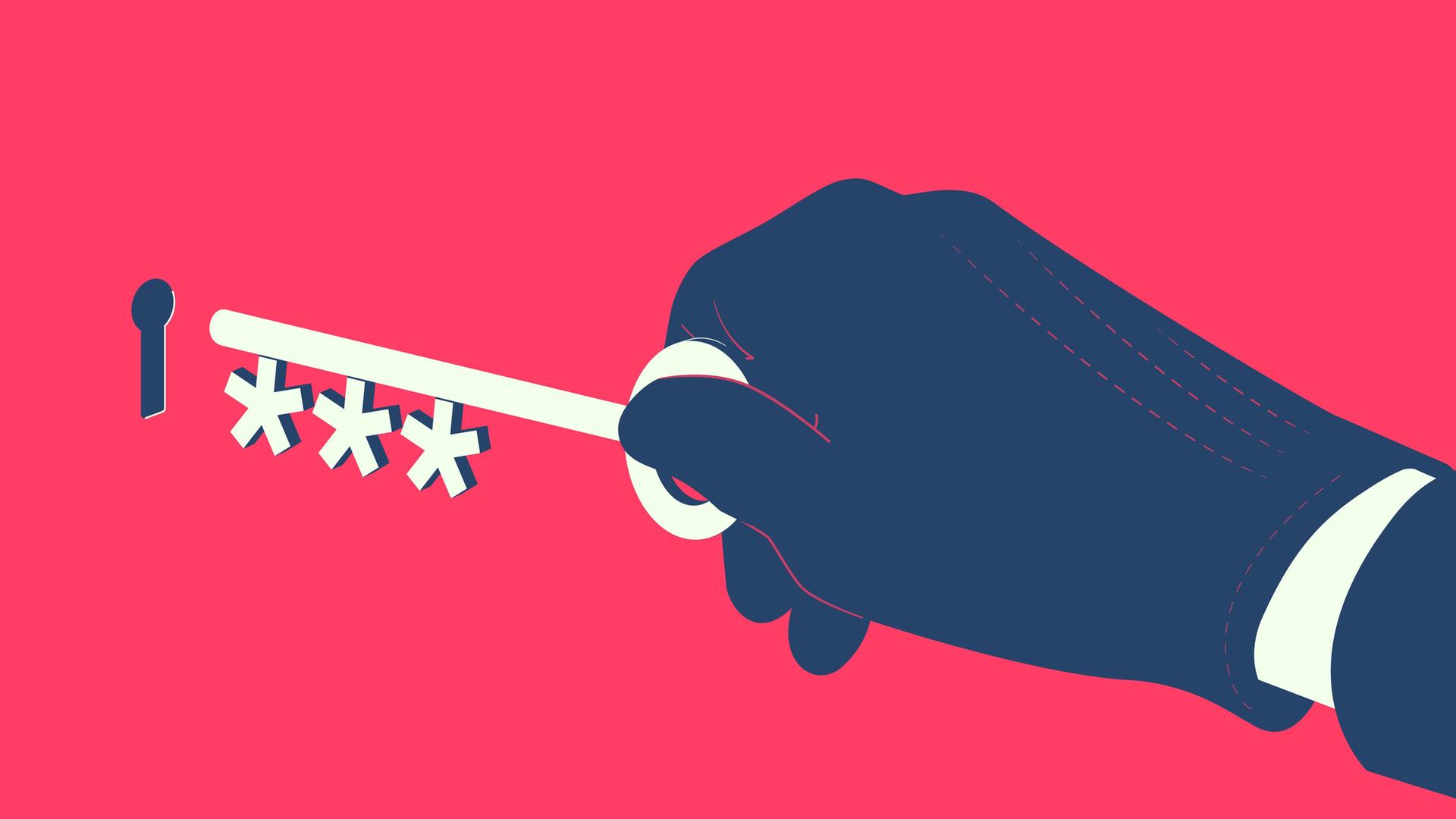 Illustration vor rotem Hintergrund: Eine Hand mit Handschuh führt einen Schlüssel mit einem Asterisks-Bart in ein Schlüsselloch ein.