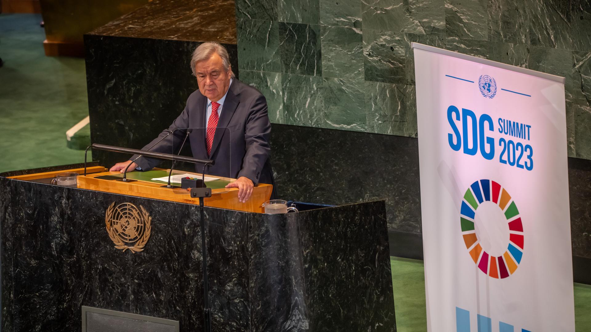 Antonio Guterres, UN-Generalsekretär, spricht bei der Konferenz über den Stand der Nachhaltigkeitsziele der Vereinten Nationen.
