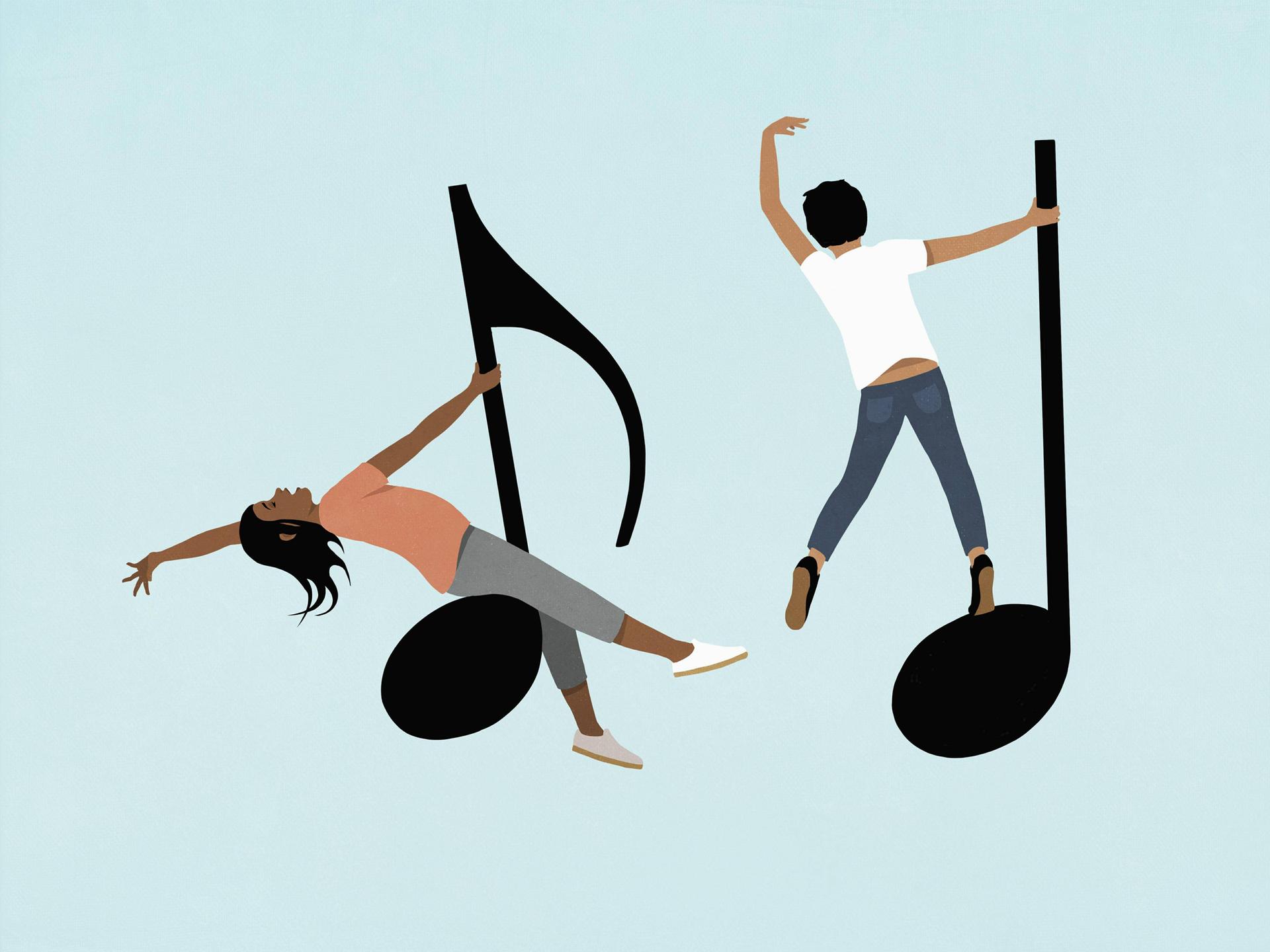 Illustration: Ein unbeschwerter junger Mann und eine junge Frau tanzen auf Noten.