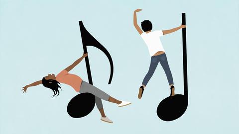 Illustration: Ein unbeschwerter junger Mann und eine junge Frau tanzen auf Noten. Illustration: Ein unbeschwerter junger Mann und eine junge Frau tanzen auf Noten.