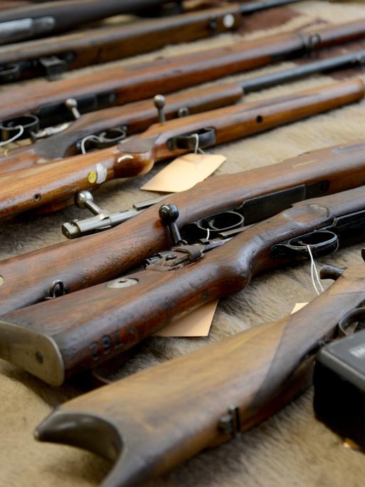 Verschiedene sichergestellte Waffen liegen auf einem Teppich. Bei einem Waffen- und Sprengstoffhändler in Rheinland-Pfalz, der der «Reichsbürgerszene» zugeordnet wird, werden Wohn- und Geschäftsräume sowie Lagerstätten durchsucht