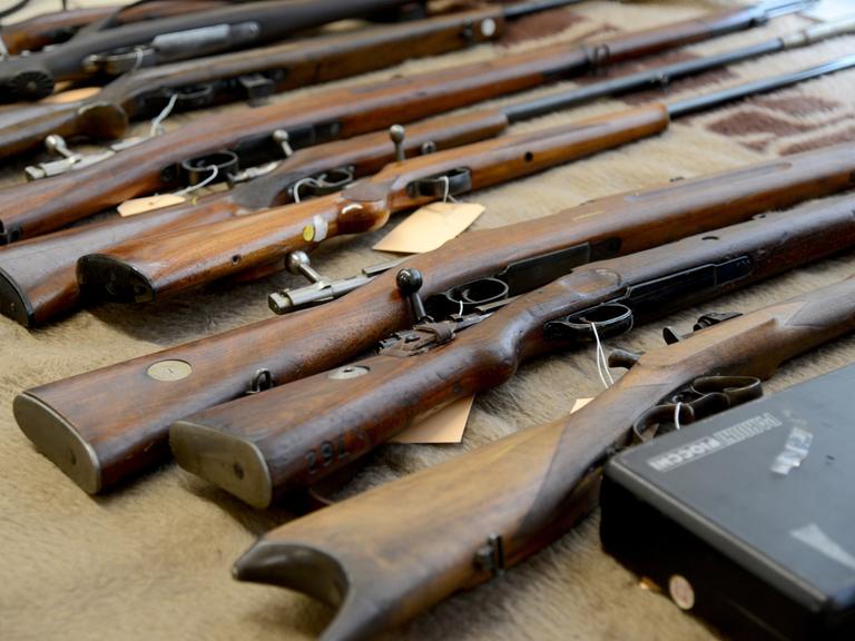 Verschiedene sichergestellte Waffen liegen auf einem Teppich. Bei einem Waffen- und Sprengstoffhändler in Rheinland-Pfalz, der der «Reichsbürgerszene» zugeordnet wird, werden Wohn- und Geschäftsräume sowie Lagerstätten durchsucht