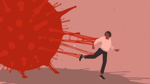 Illustration: Ein überdimensionales Coronavirus-Mikroorganismus klebt an einer Frau vor rötlichen Hintergrund.