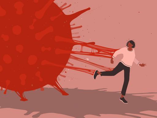 Illustration: Ein überdimensionales Coronavirus-Mikroorganismus klebt an einer Frau vor rötlichen Hintergrund. Illustration: Ein überdimensionales Coronavirus-Mikroorganismus klebt an einer Frau vor rötlichen Hintergrund.