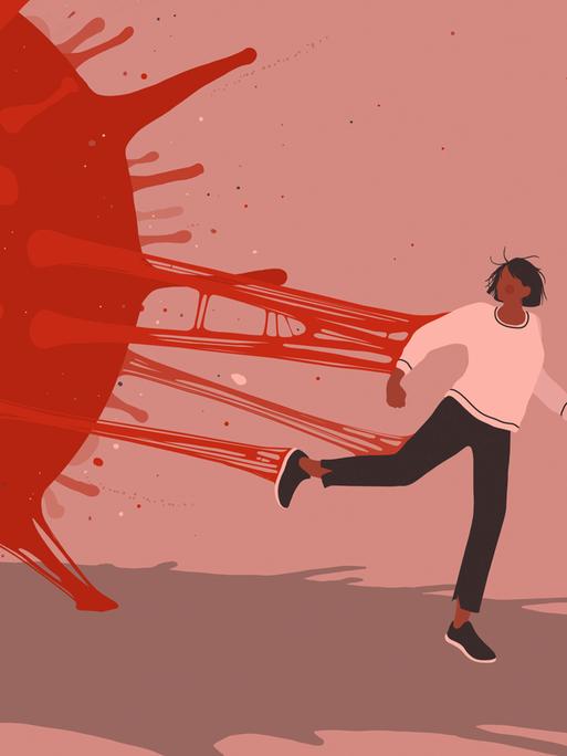 Illustration: Ein überdimensionales Coronavirus-Mikroorganismus klebt an einer Frau vor rötlichen Hintergrund. Illustration: Ein überdimensionales Coronavirus-Mikroorganismus klebt an einer Frau vor rötlichen Hintergrund.