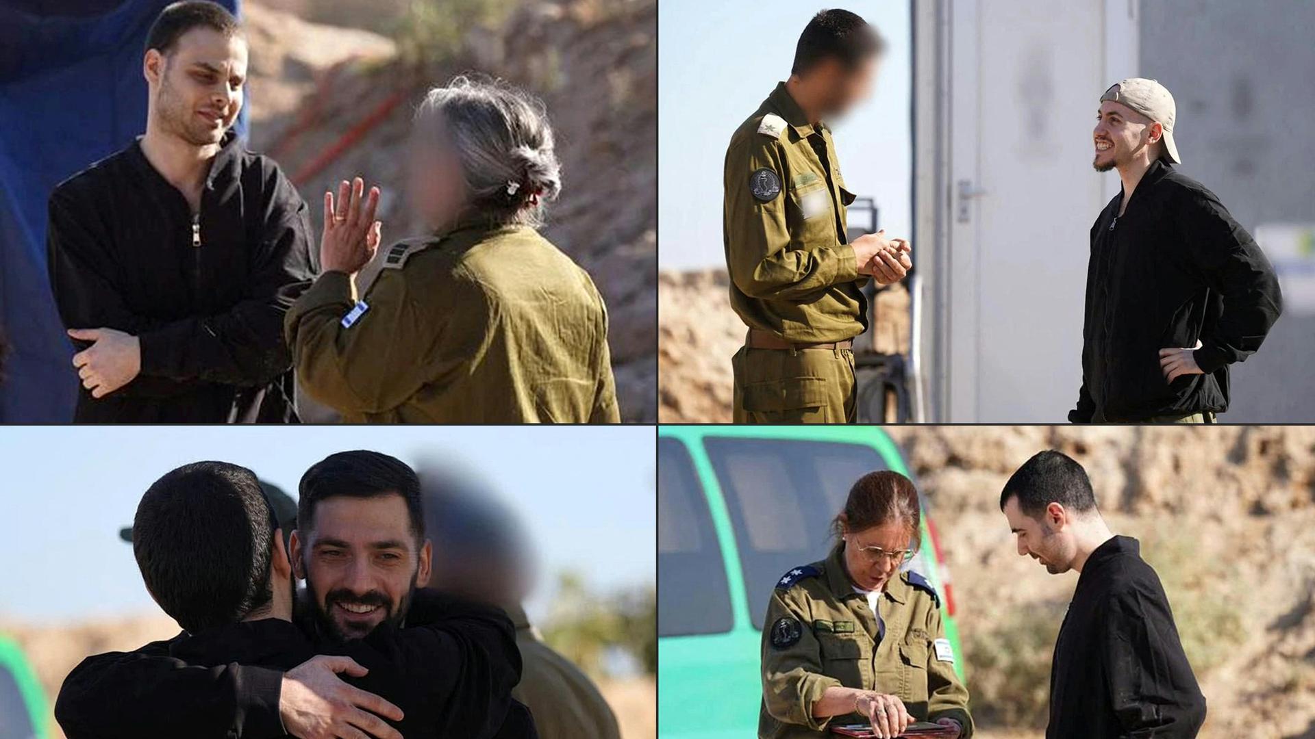 Eine Bildkombination zeigt vier israelische Geiseln nach ihrer Freilassung, sie sprechen jeweils mit verschiedenen Leuten, z.B. Soldaten.